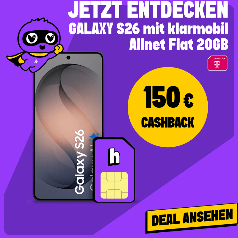 Samsung Galaxy S26 neben einer SIM-Karte und einem gelben Kreis in dem 150 € Cashback steht unter dem Telekom-Logo. Klicke hier um zum Deal zu kommen.