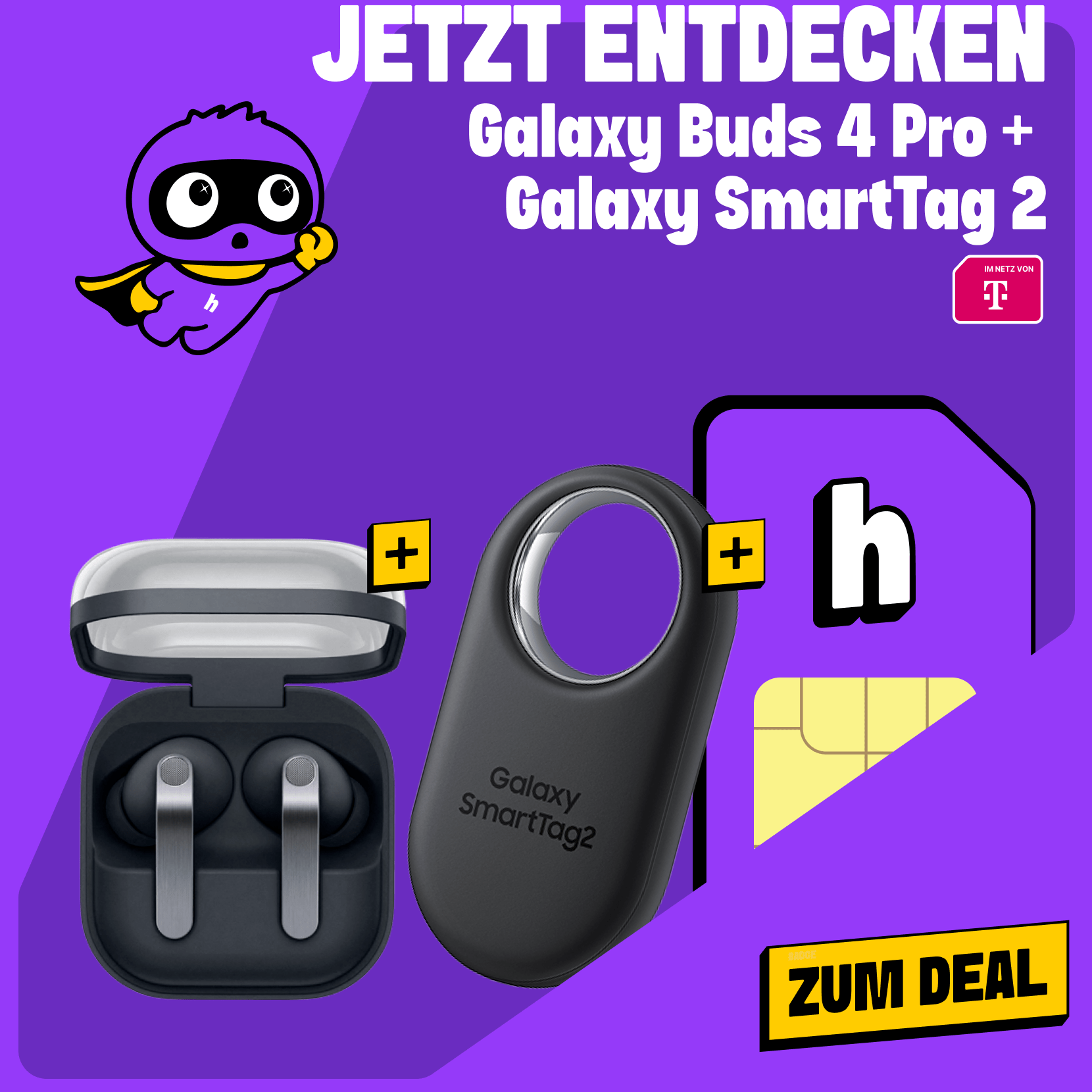 Samsung Galaxy Buds 4 Pro und Samsung Galaxy SmartTag 2 neben einer SIM-Karte und einem gelben Kreis in dem 150 € Cashback steht unter dem Telekom-Logo. Klicke hier um zum Deal zu kommen.