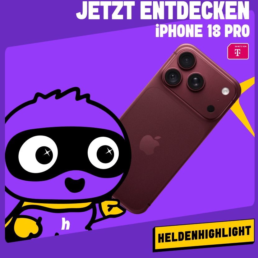 iPhone 18 in rot neben einer SIM-Karte und einem Maskottchen fliegt über dem das Telekom-Logo zu sehen ist. Klicke hier um zum Deal zu kommen.