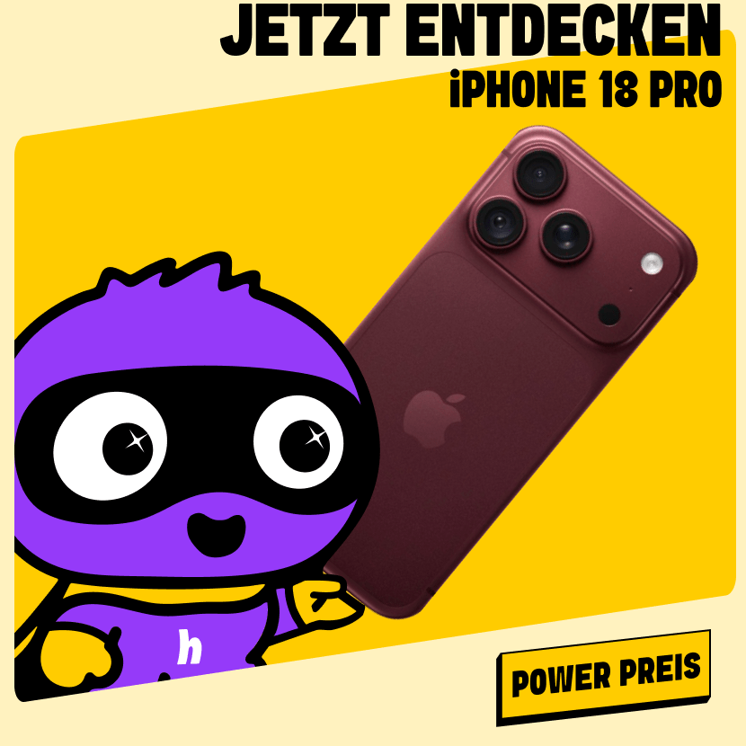 Ein Maskottchen hält ein rotes iPhone 18 Pro in der Hand. Klicke hier um zum Deal zu kommen.