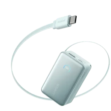 Anker Nano USB-A + USB-C Schnellladegerät Powerbank 10.000mAh Blau mit Ausziehbar Kabel