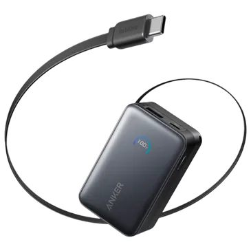 Anker Nano USB-A + USB-C Schnellladegerät Powerbank 10.000mAh Schwarz mit Ausziehbar Kabel